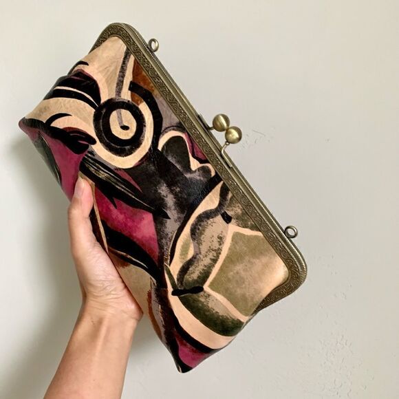 Abstract Print Cowhide Handmade Vintage Style Kisslock Clutch Bag, Crossbody - Picture 12 of 16